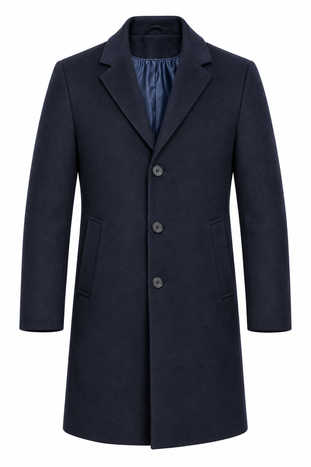 Men’s Navy Blue Wool Blend Overcoat | Knee Length Tailored Coat