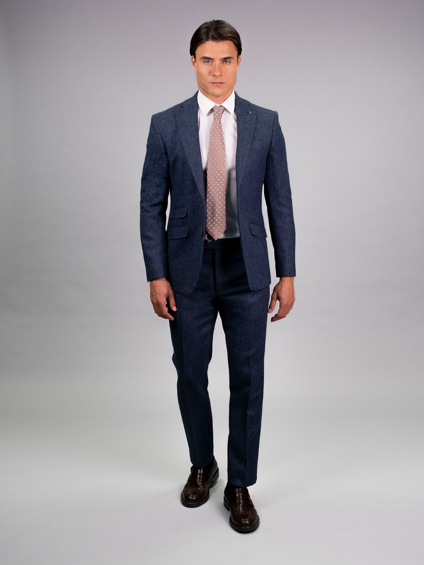 Torre Blue Herringbone Yorkshire Mill Tweed 3 Piece Suit | 100% Wool | Regular Fit