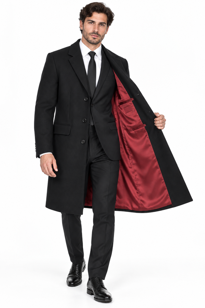 Richard Paul Black Wool Overcoat with Luxury Burgundy Lining