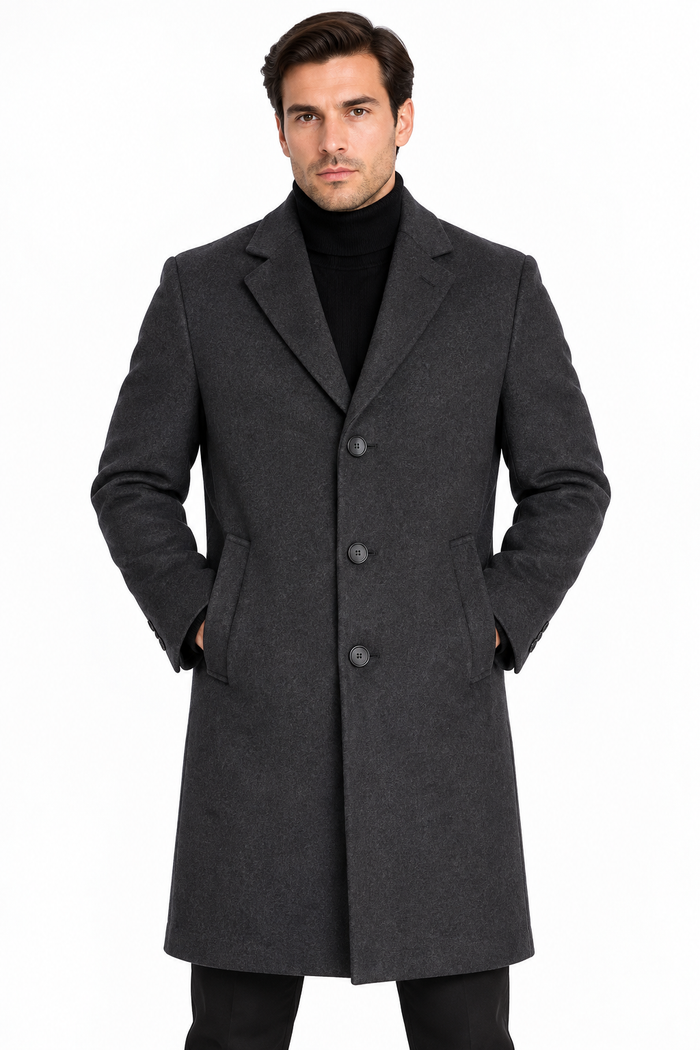Men’s Charcoal Grey Wool Blend Overcoat | Knee Length Tailored Coat