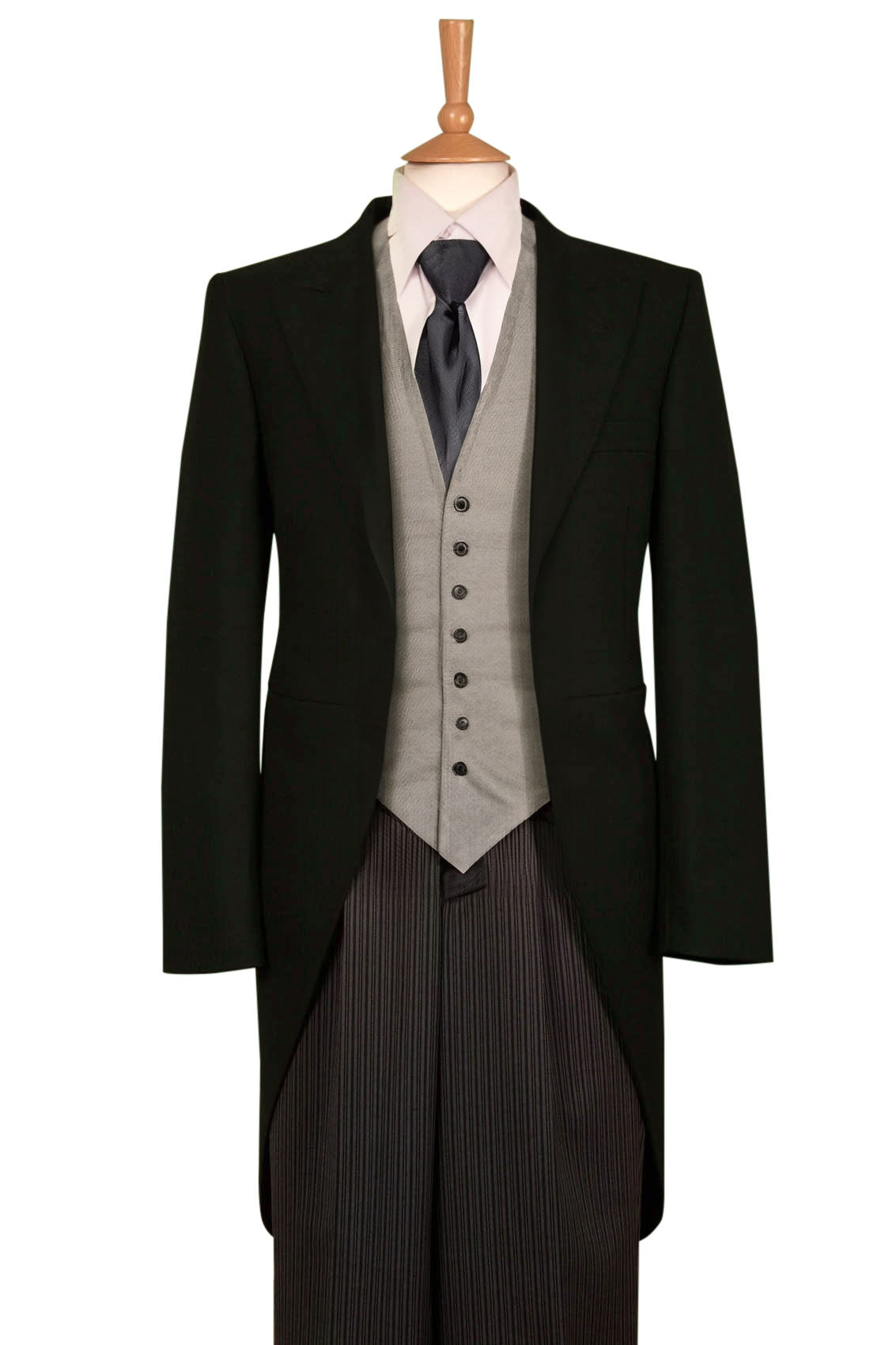 Black 3 Piece Herringbone Tailcoat Suit with Pinstripe Trousers & Grey Waistcoat