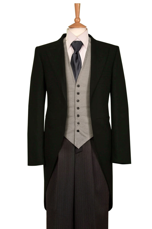 Black 3 Piece Herringbone Tailcoat Suit with Pinstripe Trousers & Grey Waistcoat