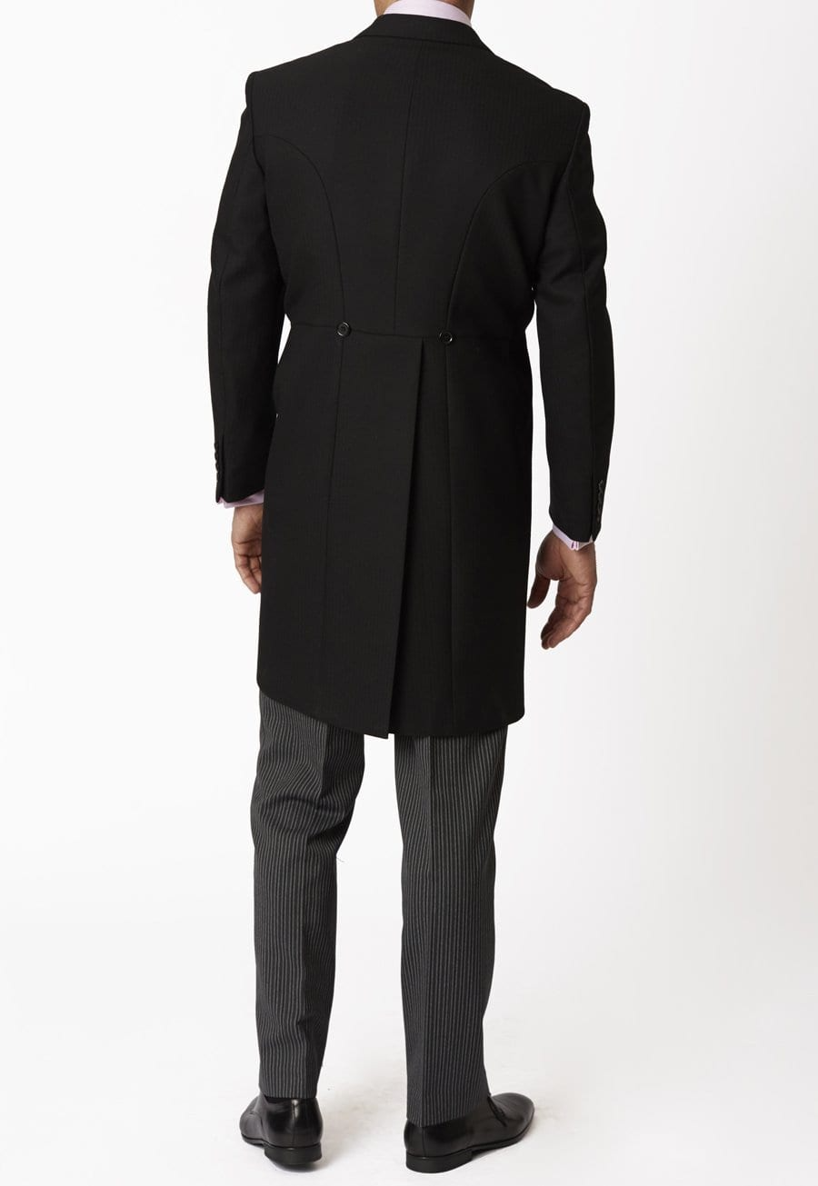 Black 3 Piece Herringbone Tailcoat Suit with Pinstripe Trousers & Grey Waistcoat