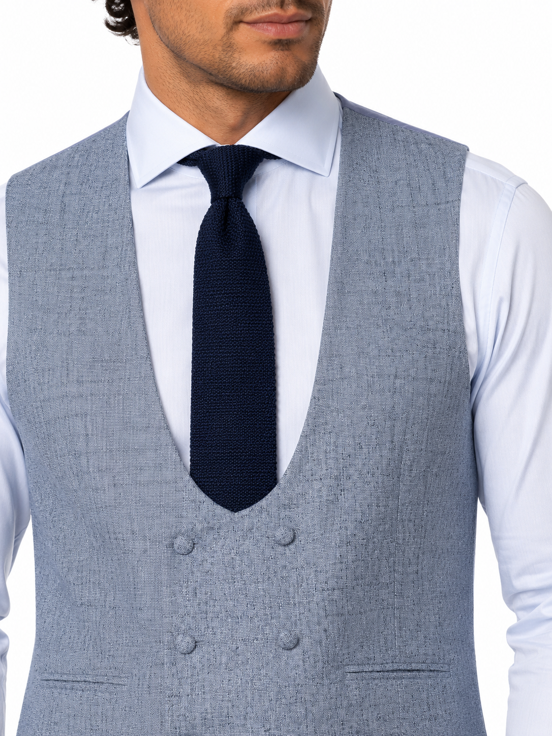 Powder Blue Double Breasted Scooped Tweed Waistcoat