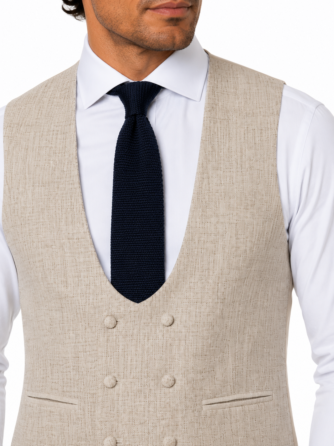 Beige Buff Double Breasted Scooped Tweed Waistcoat