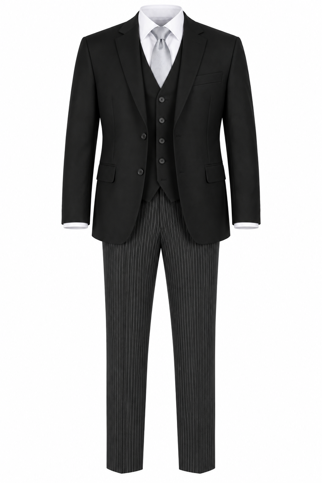 Plain Black 3 Piece Masonic Suit | Formal Short Jacket, Waistcoat & Pinstripe Trousers | Masons Freemason Suit