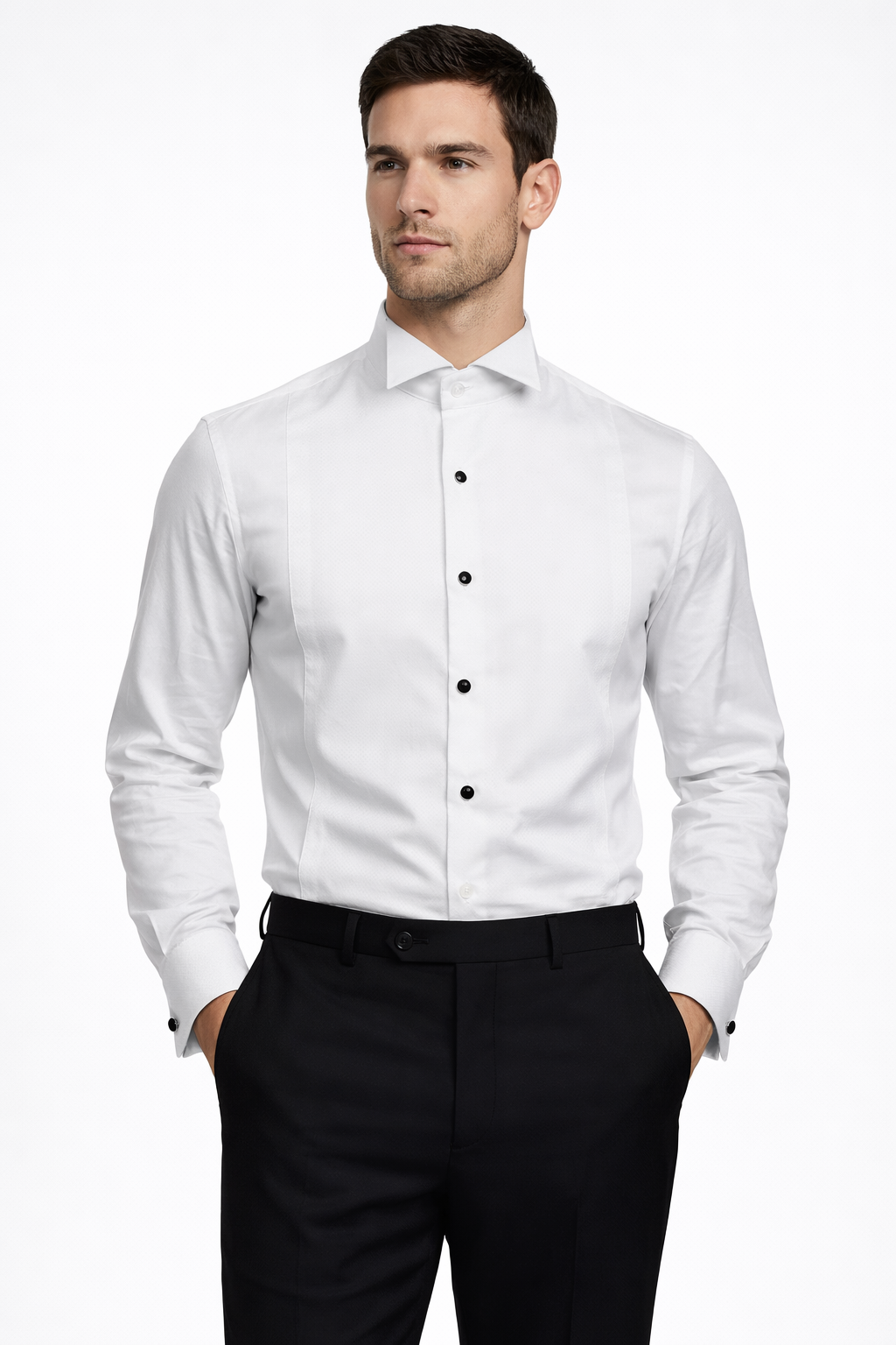 White Marcella Wing Collar Shirt with Black Studded Buttons 20"
