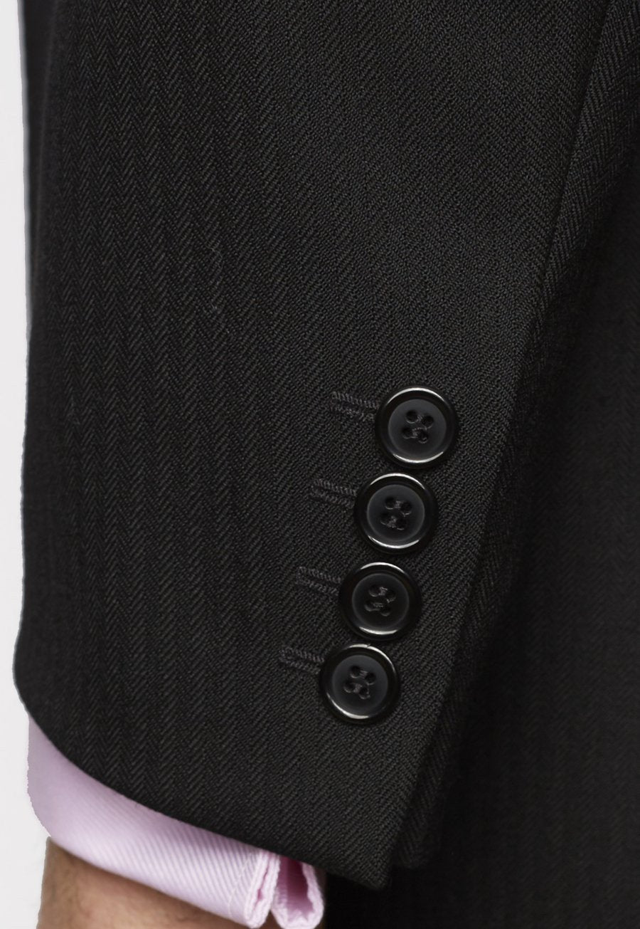 Black Herringbone Single Breasted 100% Wool Jacket