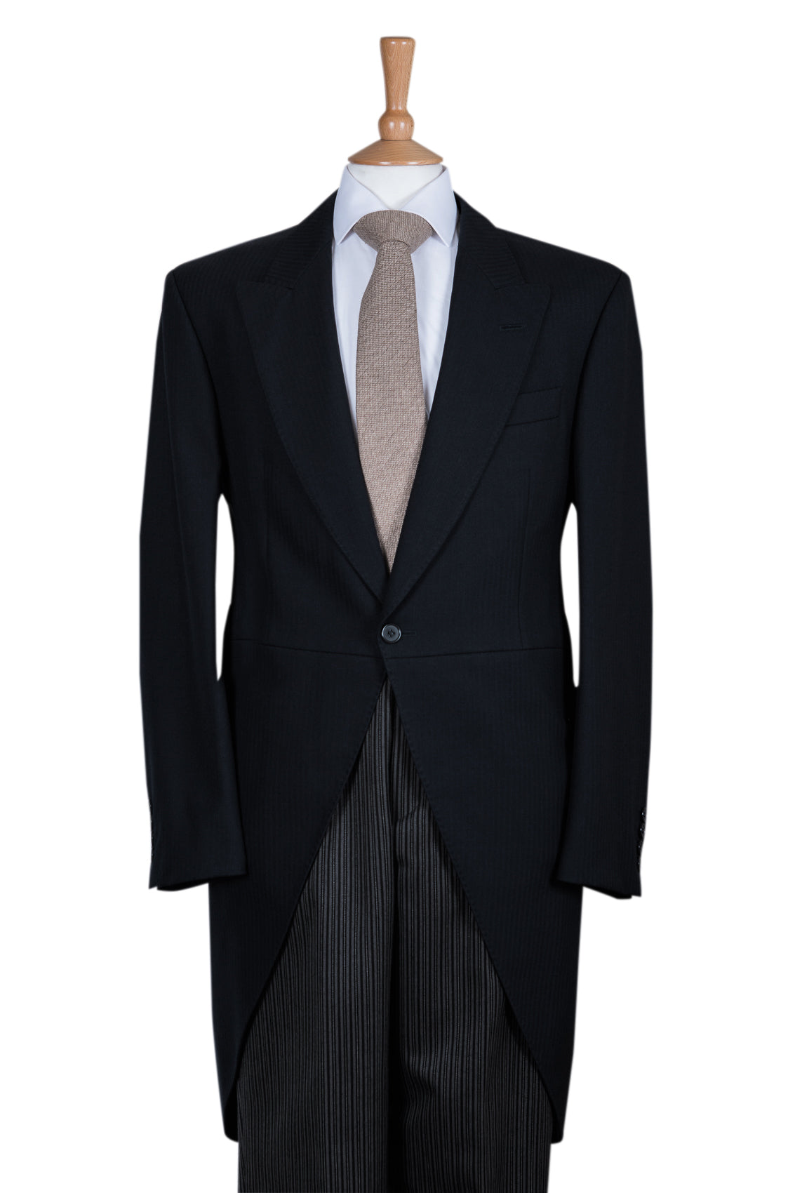 Black 2 Piece Herringbone Tailcoat Suit with Pinstripe Trousers