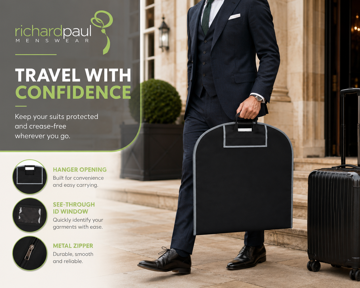 Black Suit Bag 45" | Long Strong Zip Heavy Duty Travel Cover Carry Handle & Clip