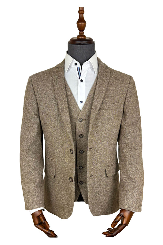 Beige Donegal Tweed 3 Piece Suit Wool & Cotton Blend