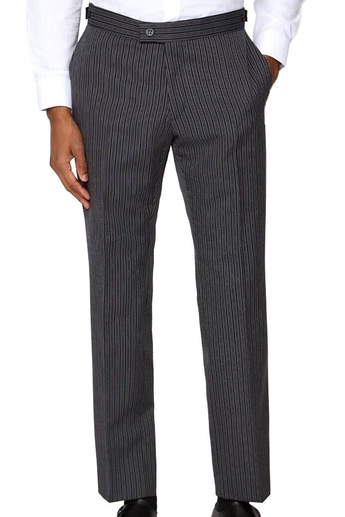 thumbnail image 2 of Men's Victorian Dickens Trousers – Hickory Stripe Wool, Black & Gray Tuxedo Pants, Steampunk Style 2 of 4