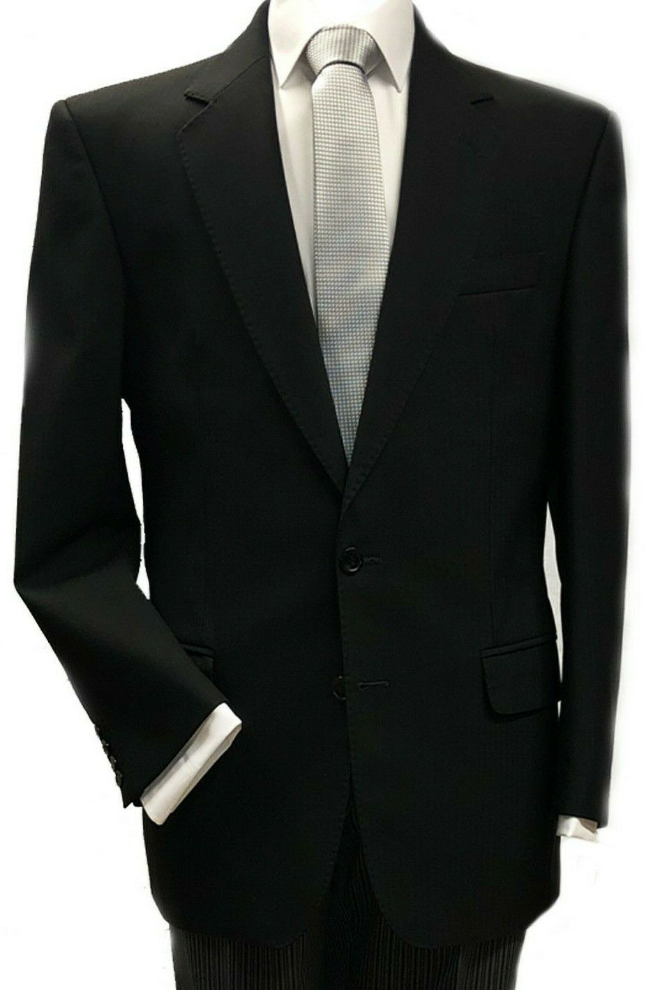 Black Herringbone Three Piece Suit with Pinstripe Trousers Ex Hire