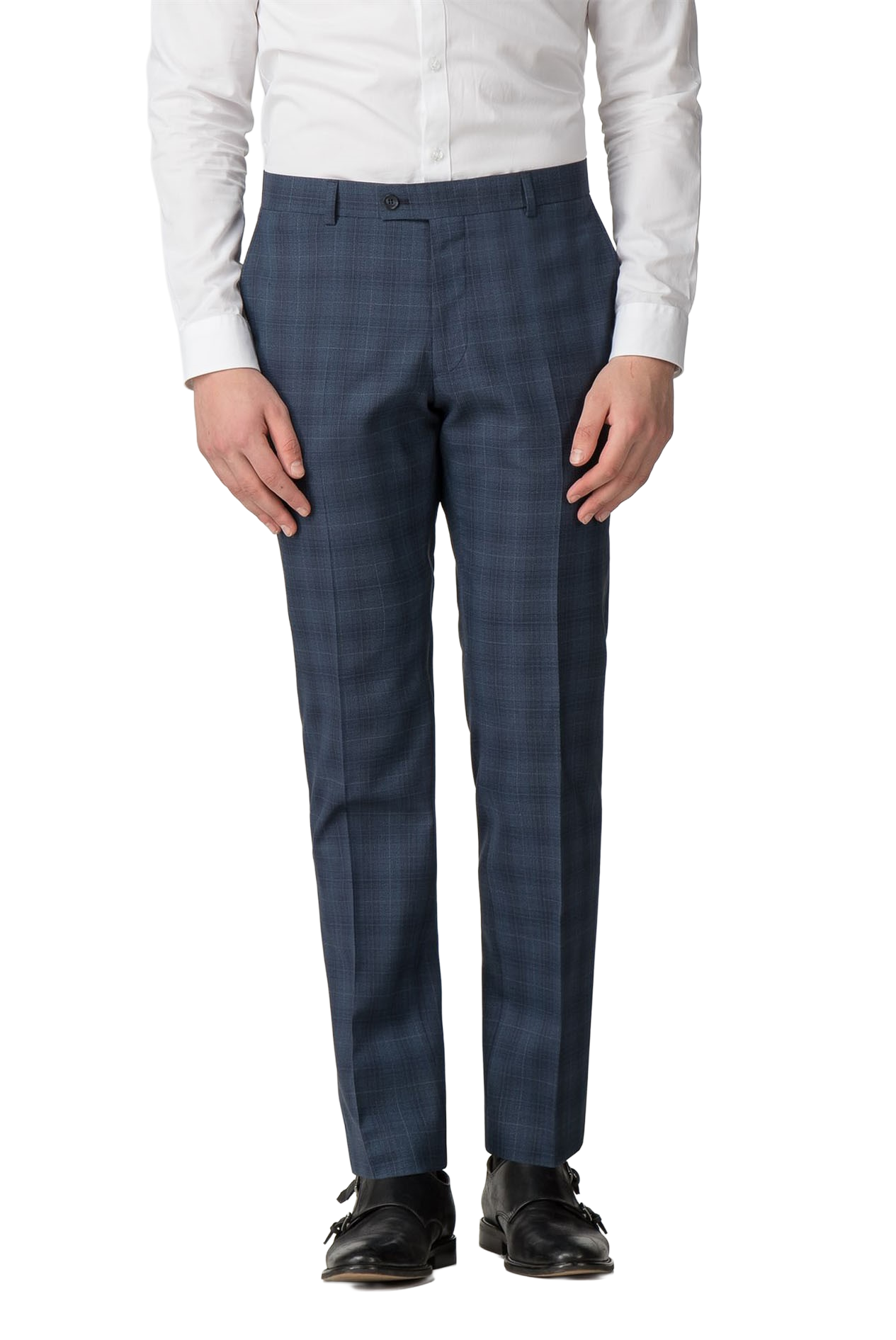 Blue Check Wool Dress Trousers | Slim Fit, Flat Front, Belt Loops | Athletic Fit