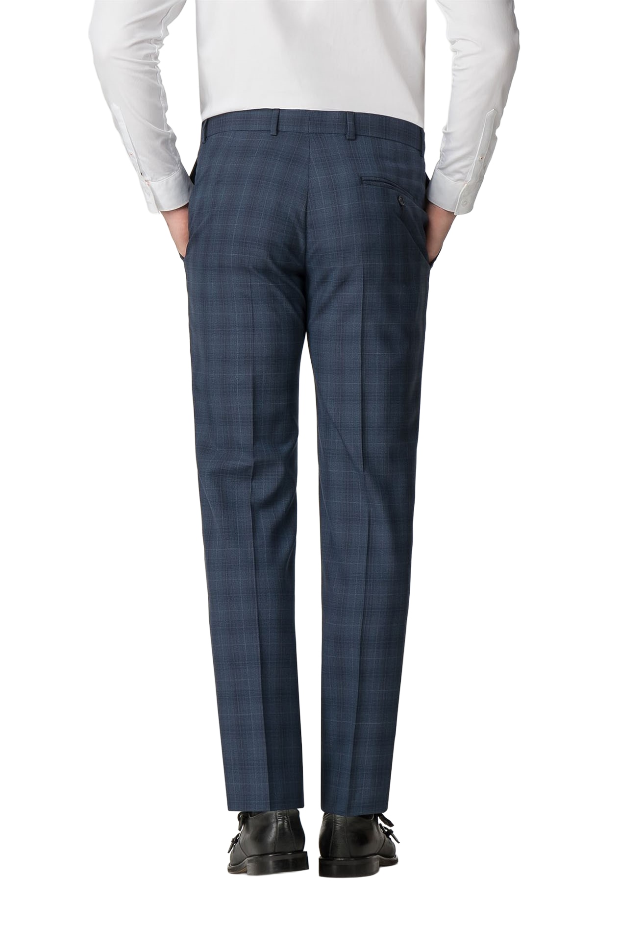 Blue Check Wool Dress Trousers | Slim Fit, Flat Front, Belt Loops | Athletic Fit