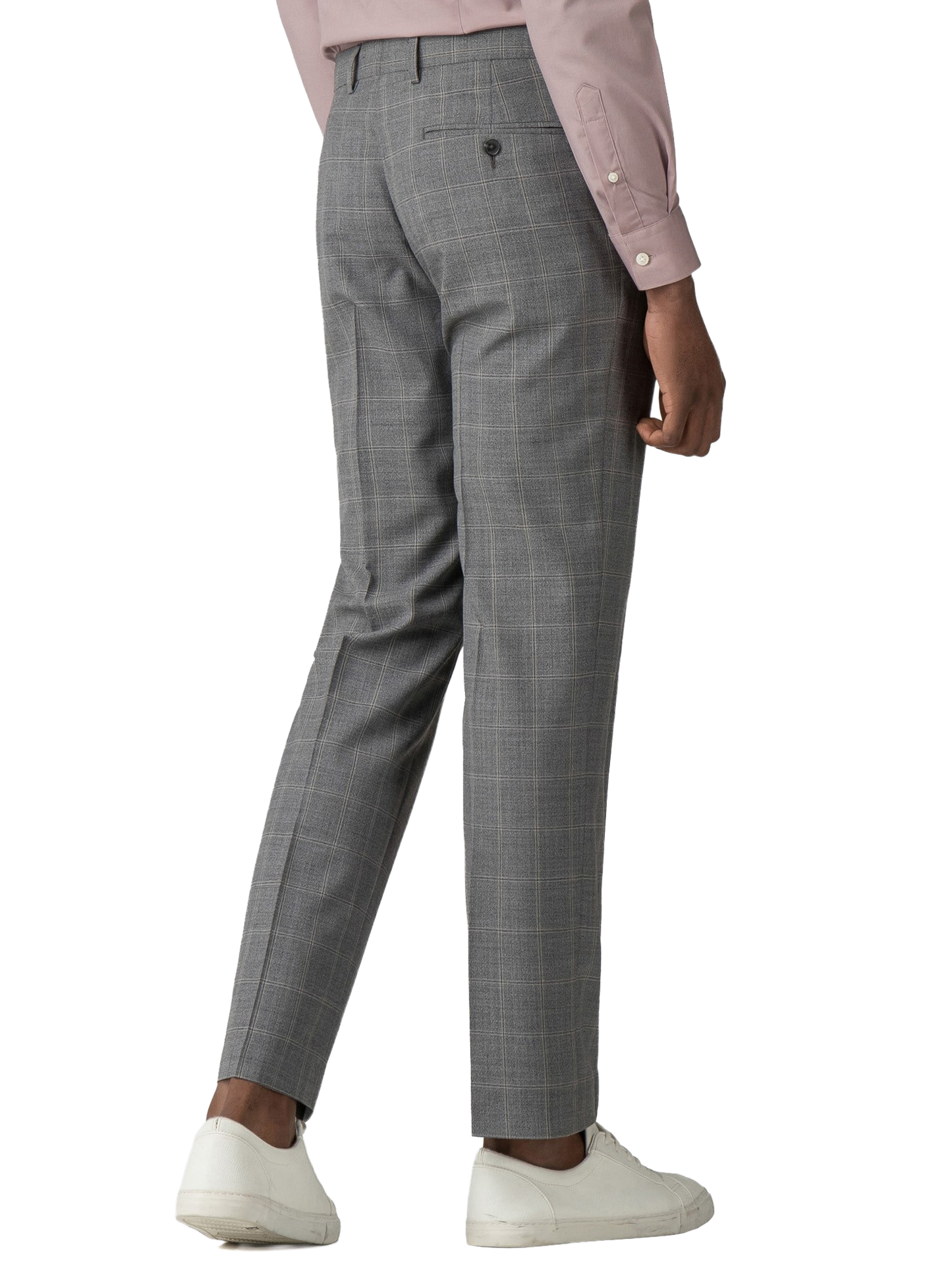 Grey Windowpane Check Wool Trousers | Flat Front Dress Pants | Belt Loops, Tailored Fit