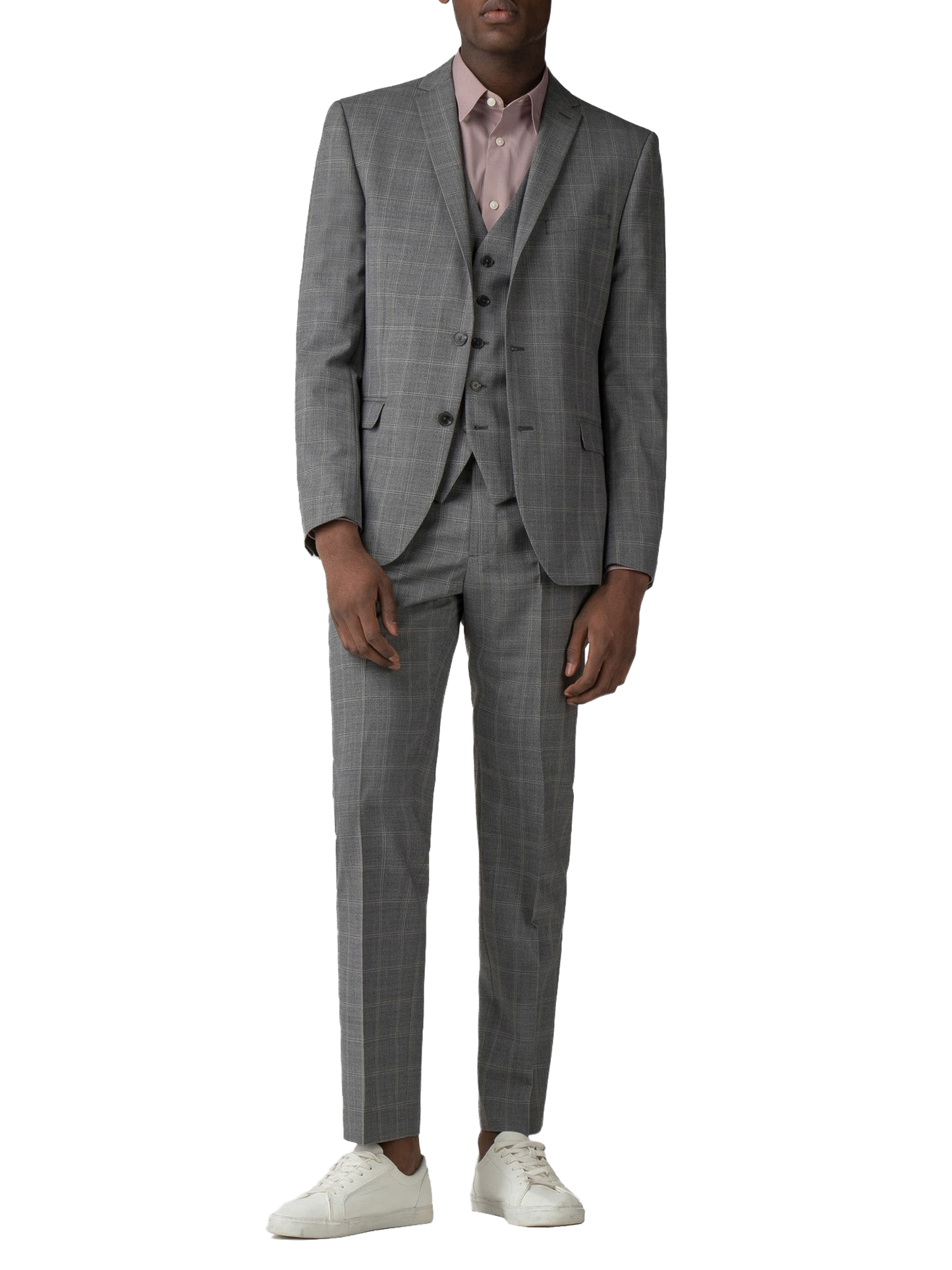 Grey Windowpane Check Wool Trousers | Flat Front Dress Pants | Belt Loops, Tailored Fit