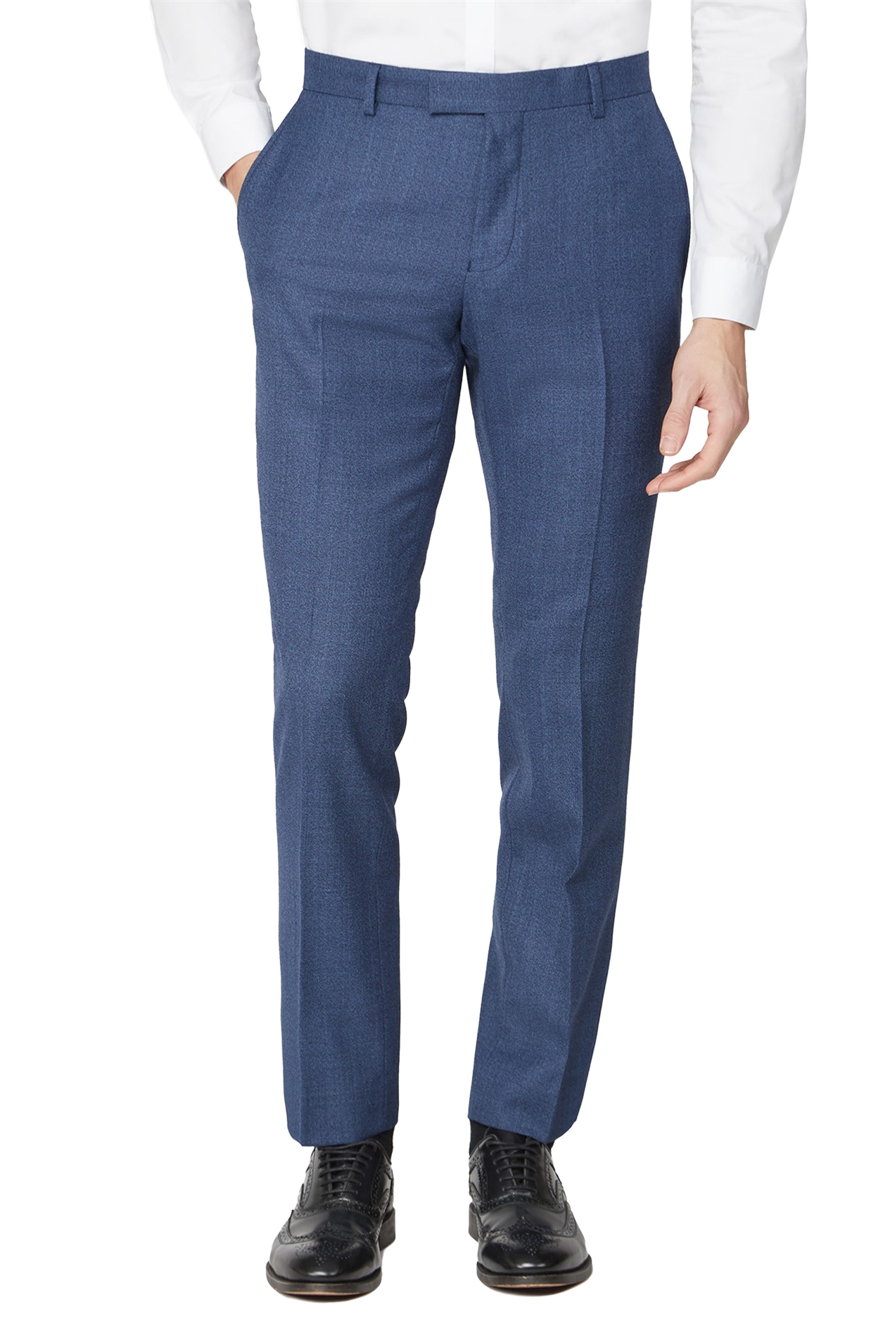 Bright Blue Tailored Fit Suit Trousers | Textured Flat Front Dress Pants with Belt Loops