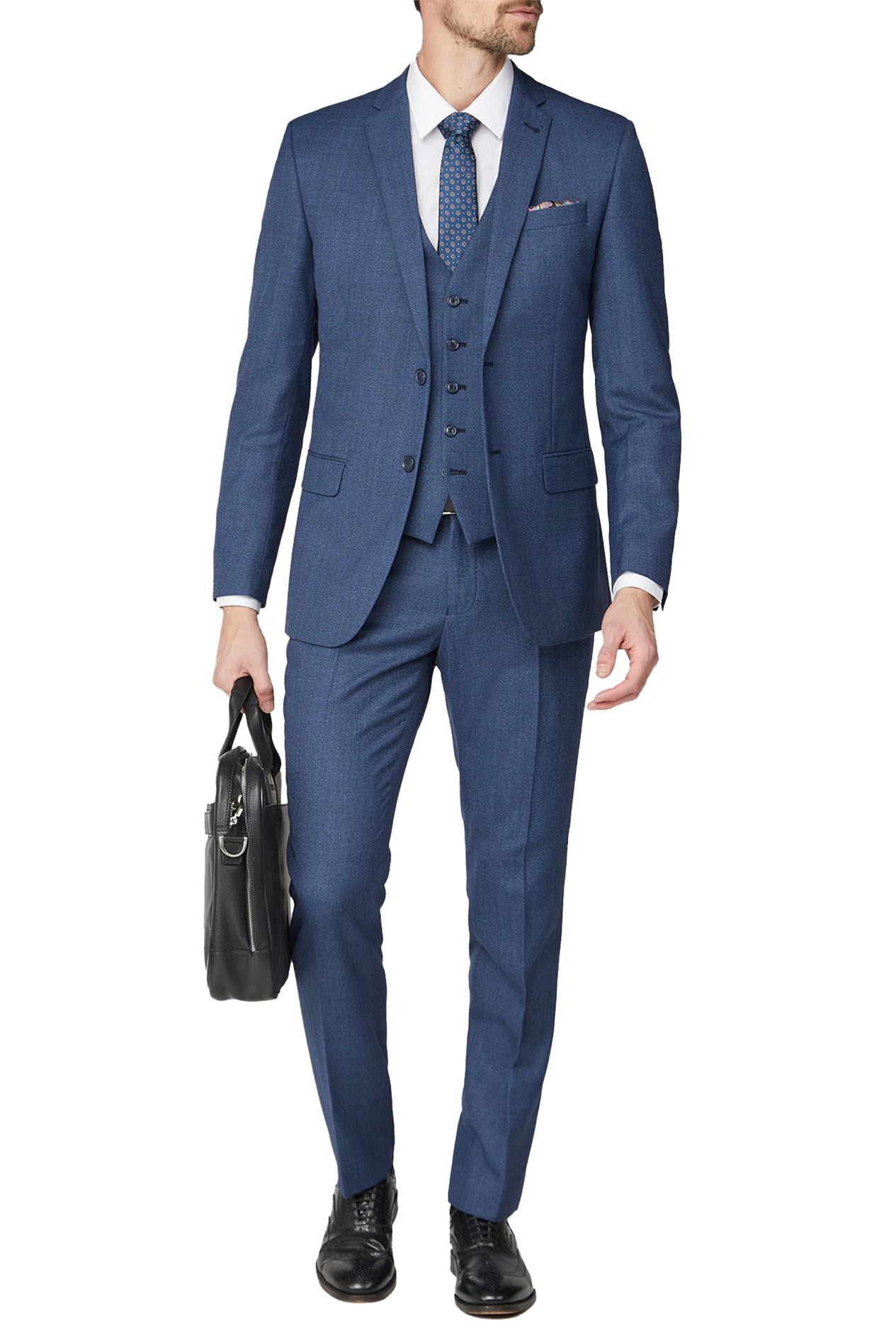 Bright Blue Tailored Fit Suit Trousers | Textured Flat Front Dress Pants with Belt Loops