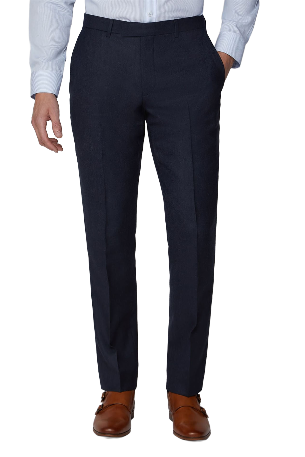 Navy Blue Tweed Flat Front Dress Trousers | Formal Wool Blend Suit Pants with Belt Loops