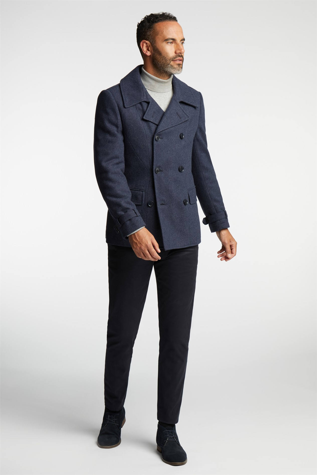 Jeff Banks Navy Blue Double Breasted Overcoat | Winter Wool Casual Peacoat