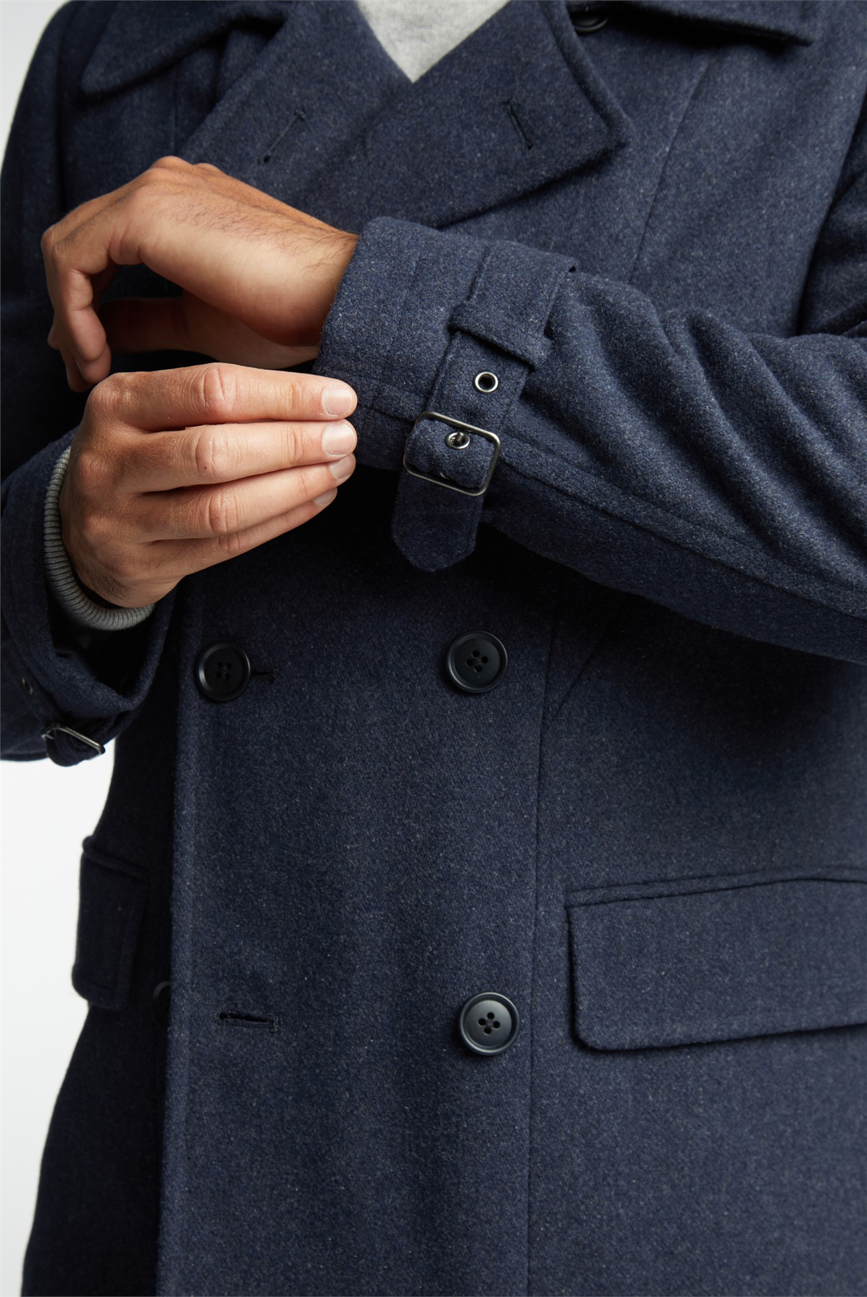 Jeff Banks Navy Blue Double Breasted Overcoat | Winter Wool Casual Peacoat
