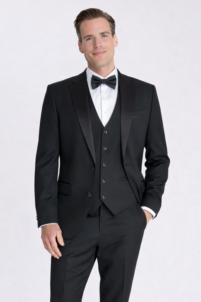Black 3 Piece Tuxedo Tailored Fit Dinner Suit | Jacket, Waistcoat & Trousers | Edina