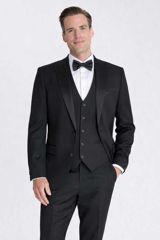 Black 3 Piece Tuxedo Tailored Fit Dinner Suit | Jacket, Waistcoat & Trousers | Edina