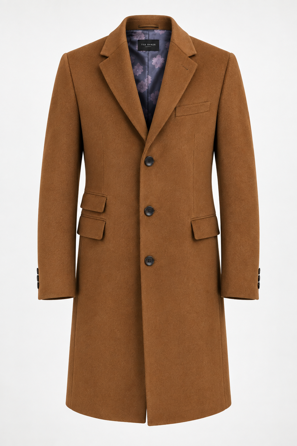 Ted Baker Camel Tan Wool Overcoat | Knee Length Long Winter Coat