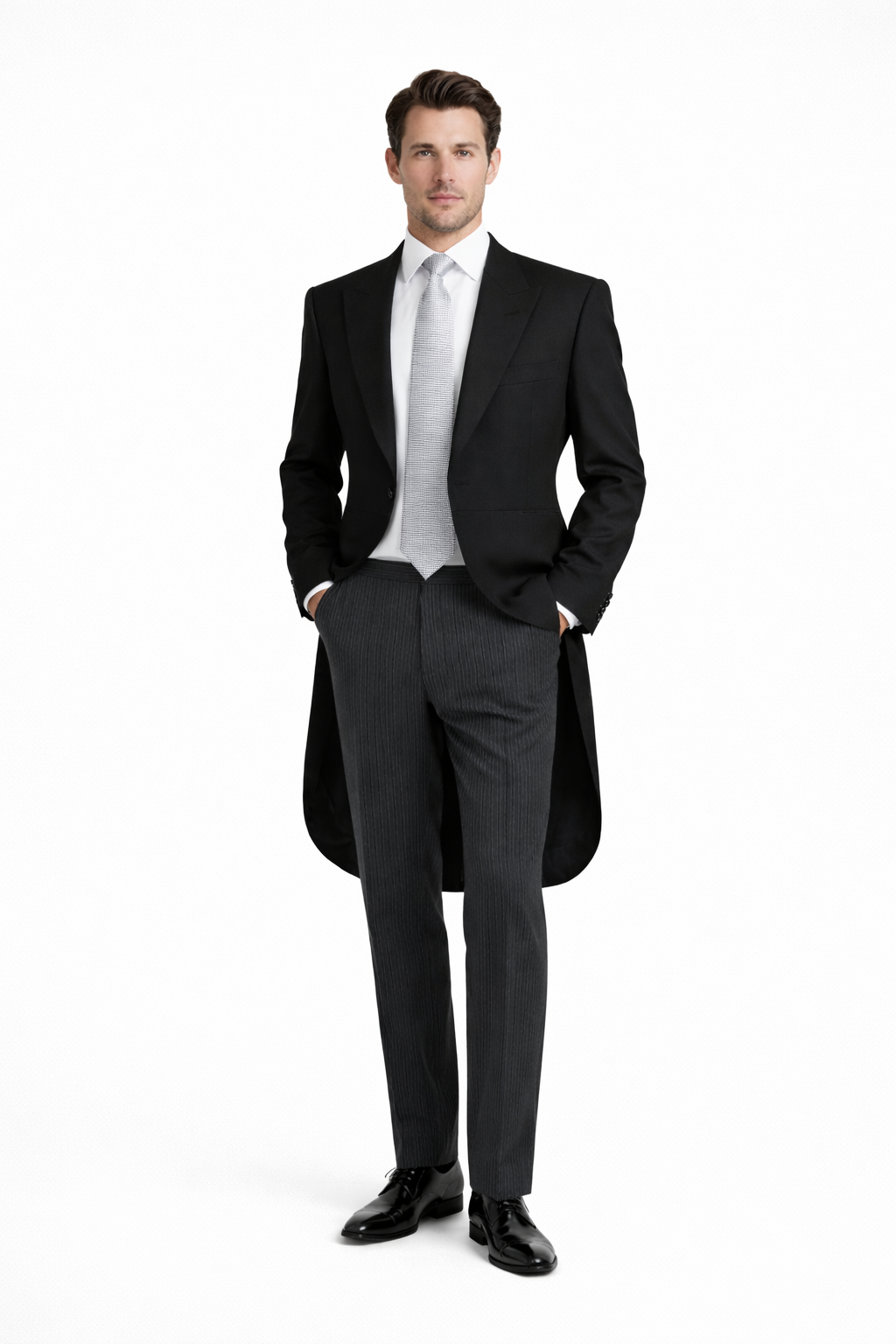 Black 2 Piece Herringbone Tailcoat Suit | Tailcoat Jacket & Pinstripe Morning Trousers