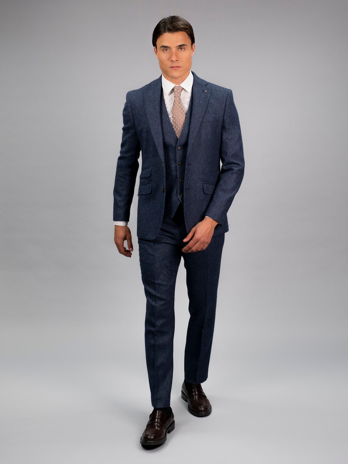 Torre Blue Herringbone Yorkshire Mill Tweed 3 Piece Suit | 100% Wool | Regular Fit