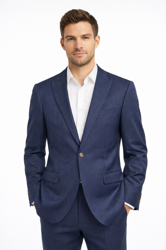 Navy Blue Pinstripe Suit Jacket | Wool Blend Peak Lapel Blazer