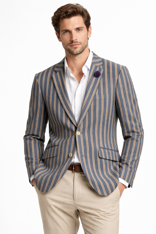 Blue & Beige Striped Boating Jacket | Wool Blend Blazer