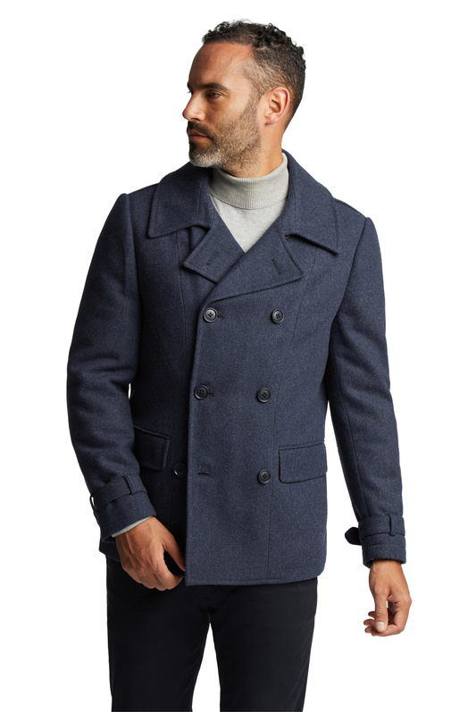 Jeff Banks Navy Blue Double Breasted Overcoat | Winter Wool Casual Peacoat