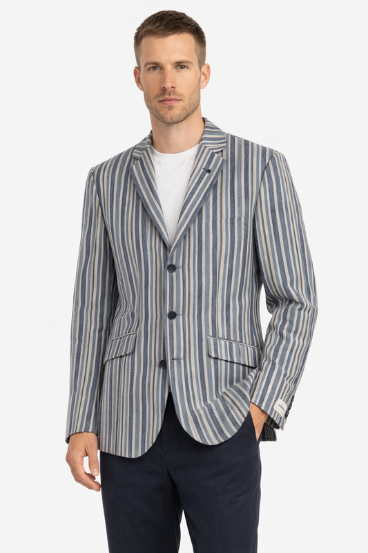 Light Blue 3 Button Striped Boating Jacket | Linen & Wool Blazer