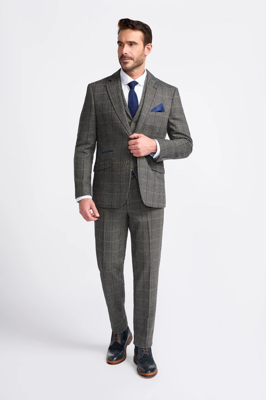 Cavani 3 Piece Tweed Suit | Albert Grey Herringbone | Wool Slim Fit