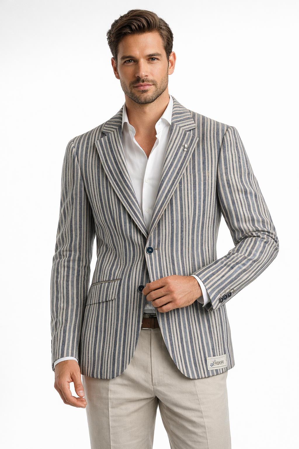 Light Blue 2 Button Striped Boating Jacket | Linen & Wool Blazer