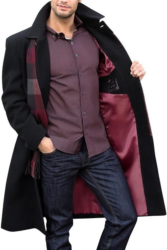 Men's Black Wool Overcoat with Red Lining