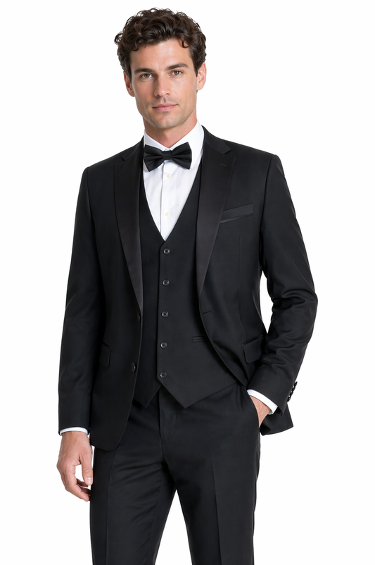 Black 3 Piece Tuxedo Tailored Fit Dinner Suit | Jacket, Waistcoat & Trousers | Edina