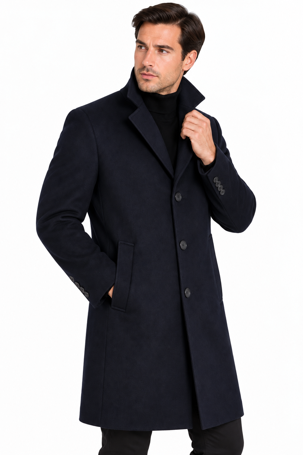 Men’s Navy Blue Wool Blend Overcoat | Knee Length Tailored Coat