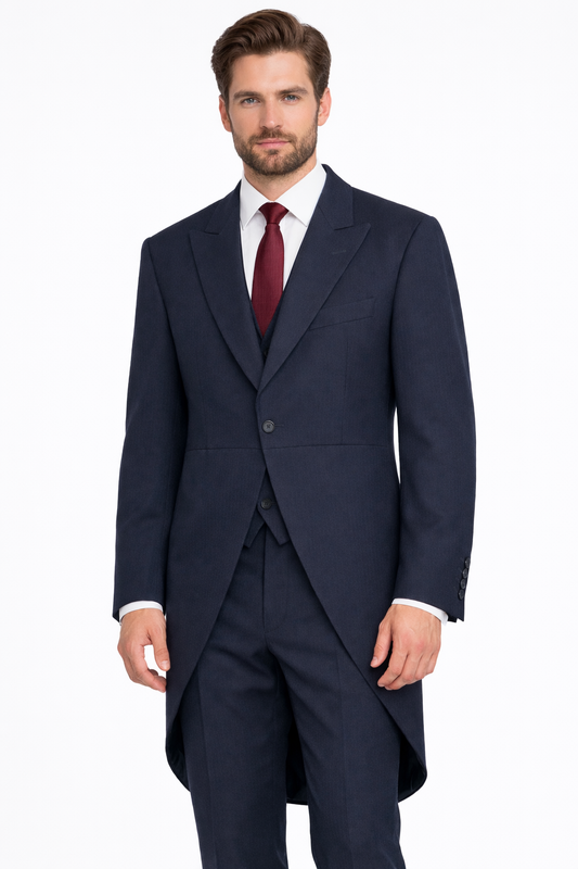 Navy Blue Herringbone Tailcoat Jacket | 100% Wool
