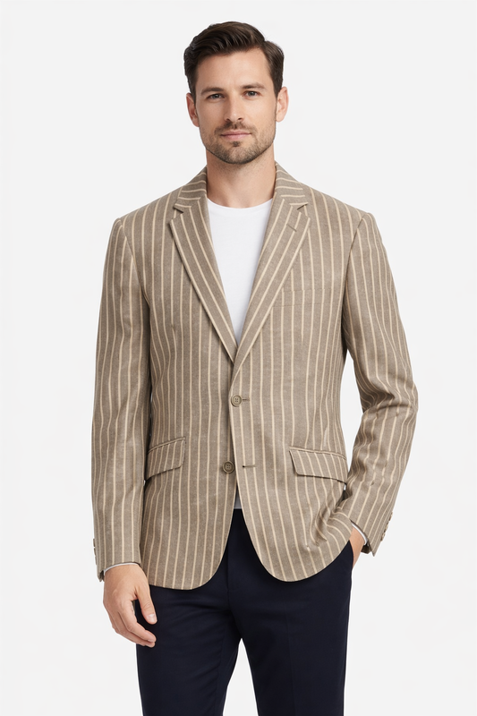 Taupe & Beige Linen Boating Jacket with subtle Blue Stripes | Wool Blend Blazer