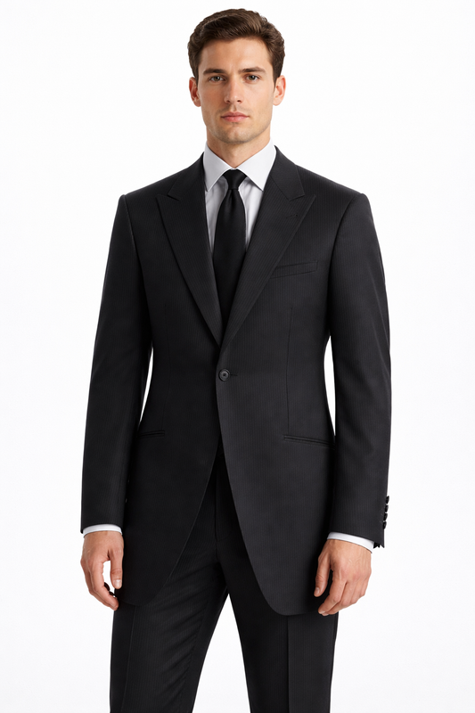 Black Self Stripe Wool Jacket | Longer Line Stripe Blazer