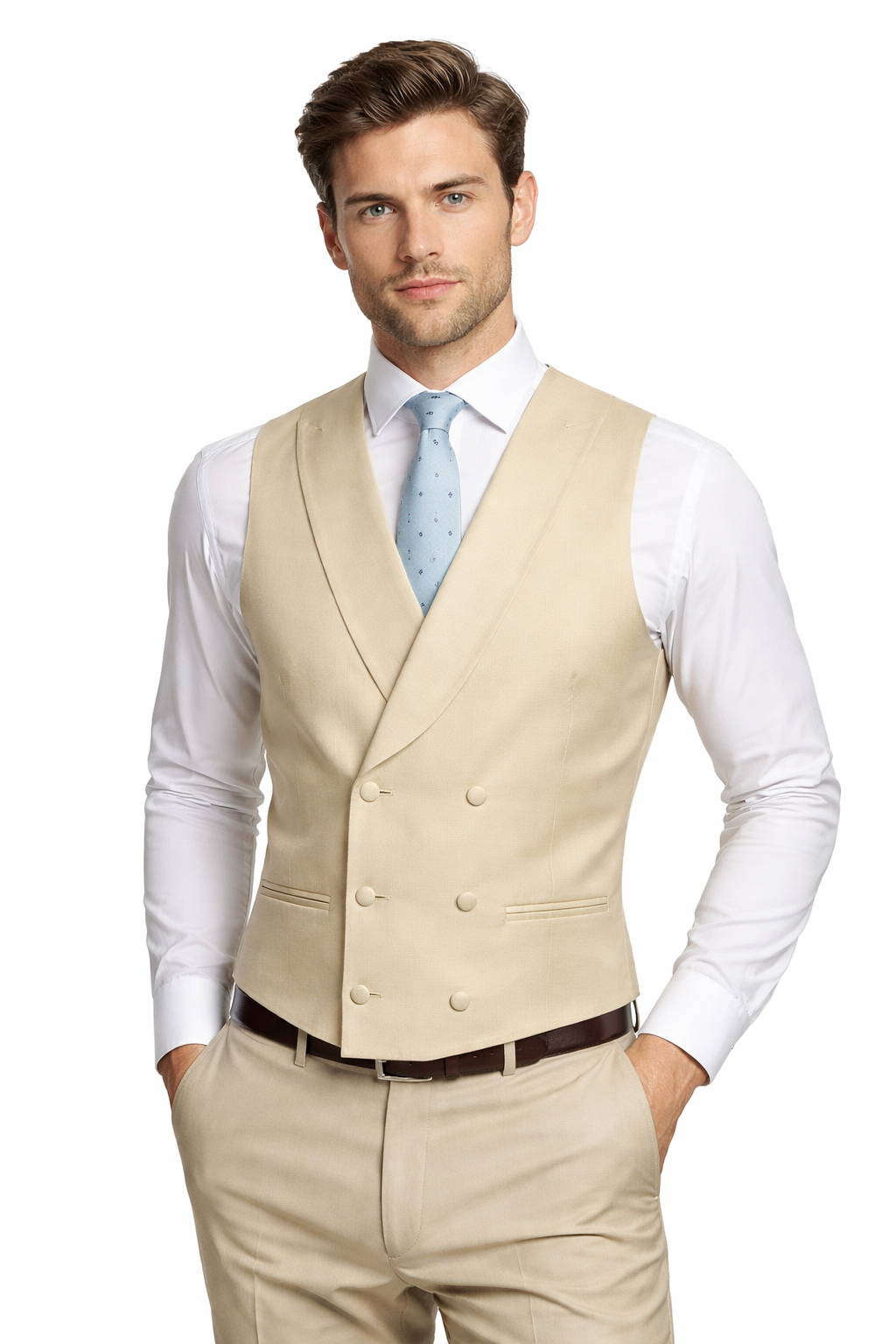 Beige Double Breasted Waistcoat | Modern Fit Vest for Morning Tails