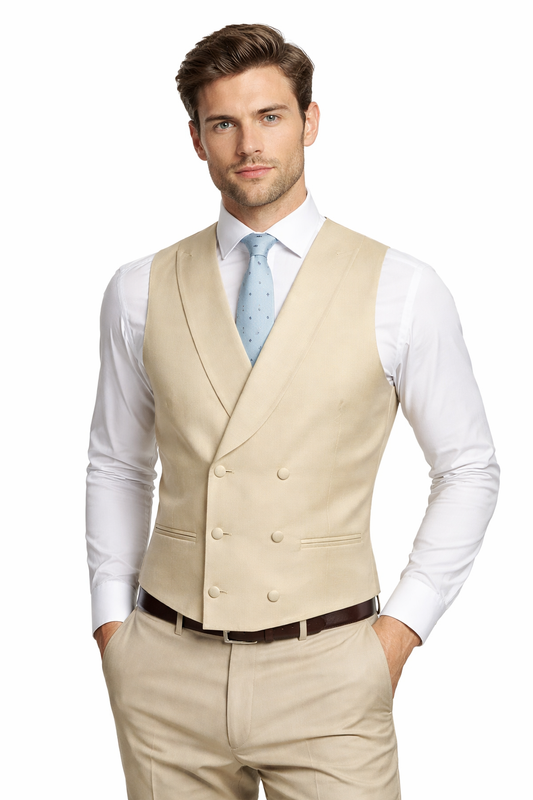 Beige Double Breasted Waistcoat | Modern Fit Vest for Morning Tails