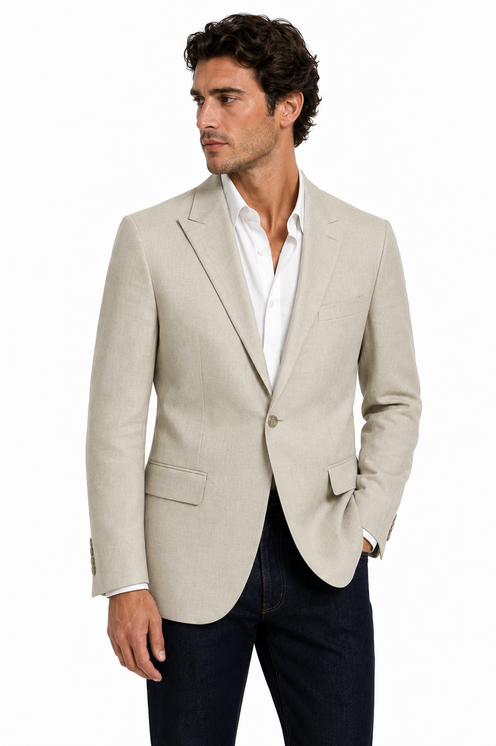 Alexandre Tailored Fit Stone Linen Jacket | Peak Lapel, Half Lined