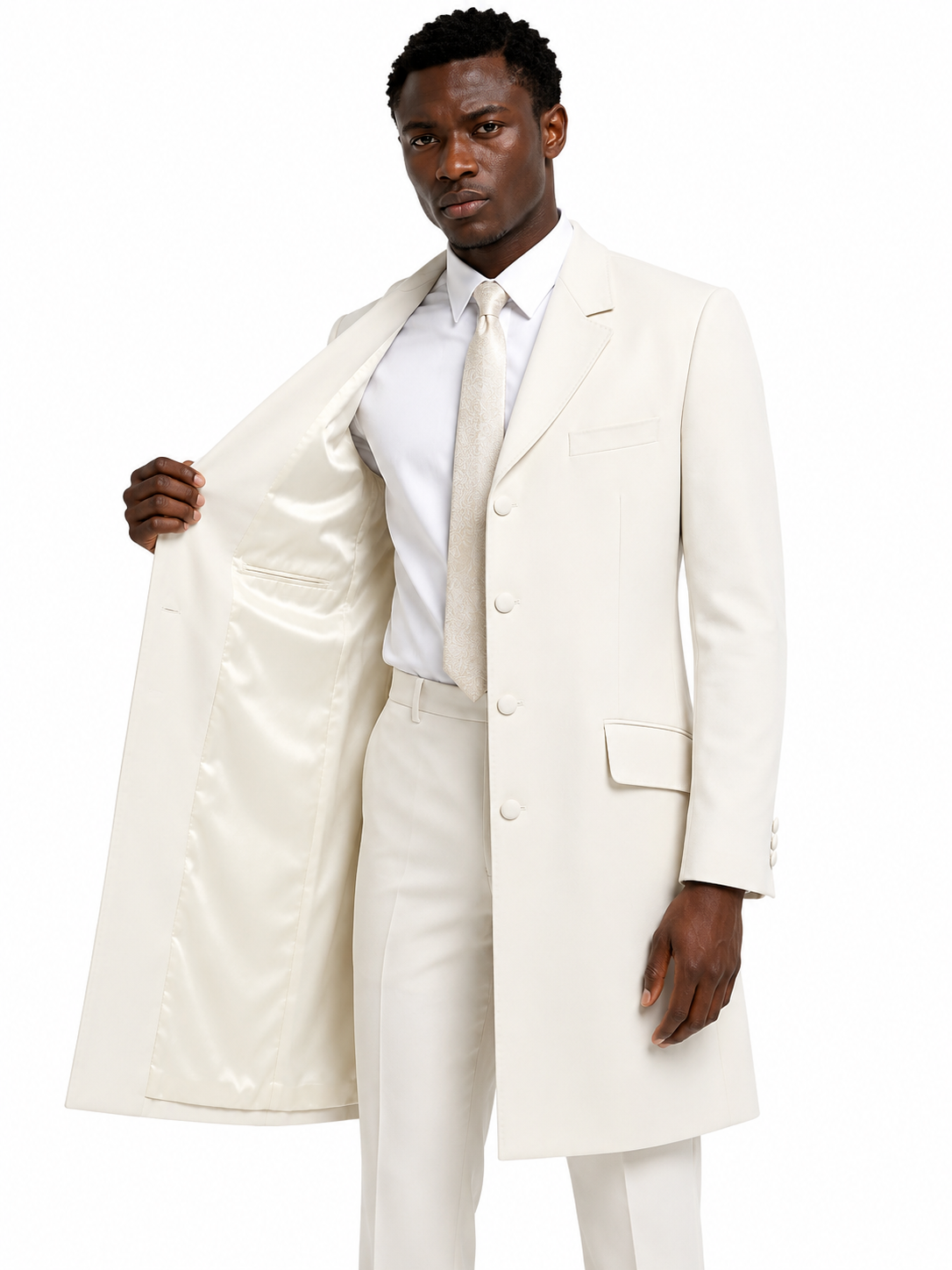 Ivory Cream Prince Edward 3/4 Jacket | Long Wool Formal Blazer