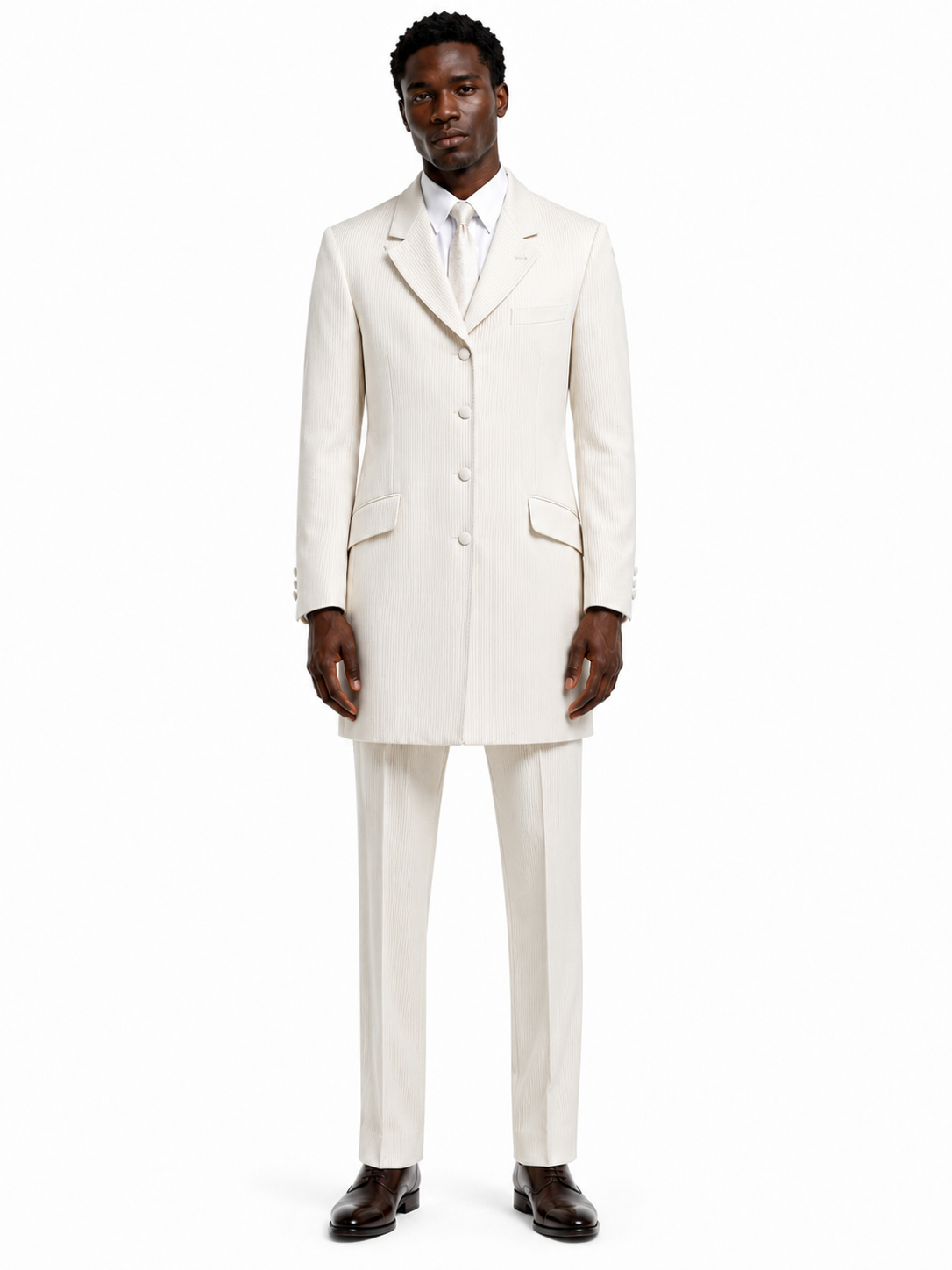 Ivory Cream Striped Prince Edward 3/4 Jacket | Long Wool Formal Blazer