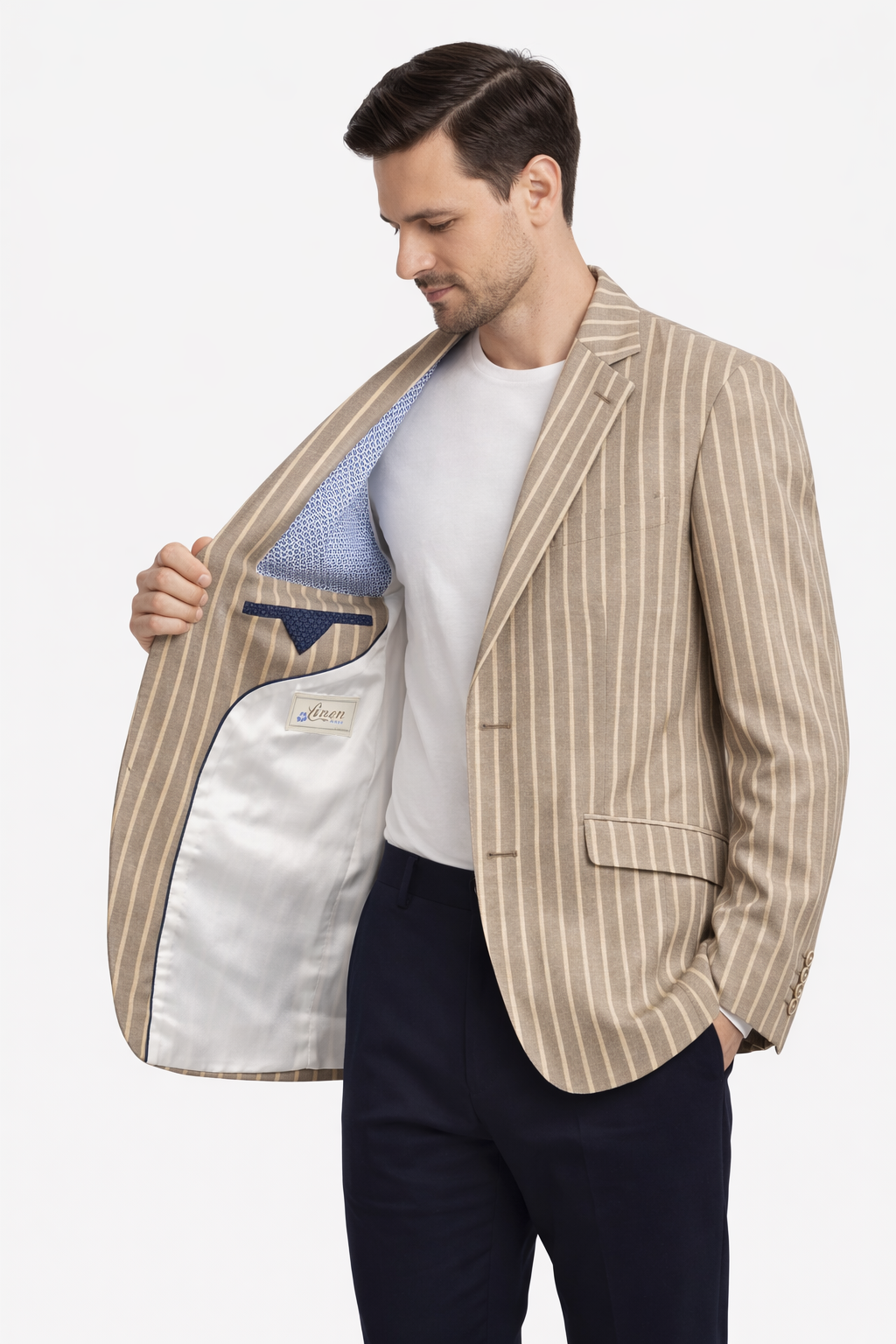 Taupe & Beige Linen Boating Jacket with subtle Blue Stripes | Wool Blend Blazer