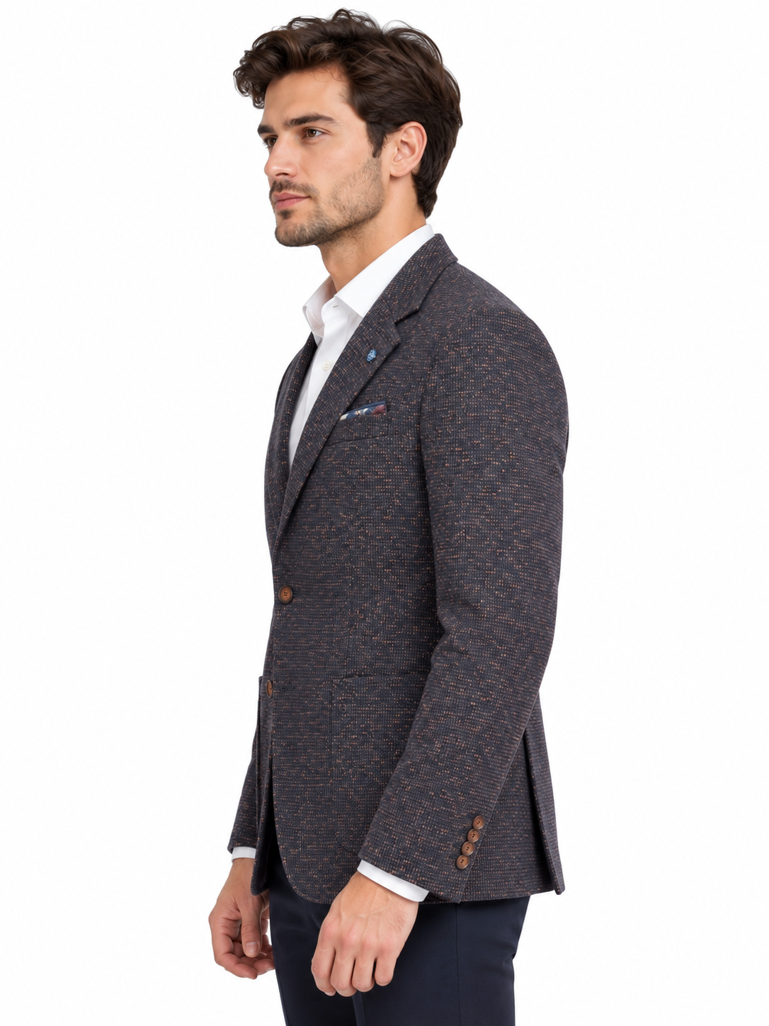 Navy Rust Textured Wool & Cotton Jacket | Tailored Fit Smart Blazer | Haley Tobacco